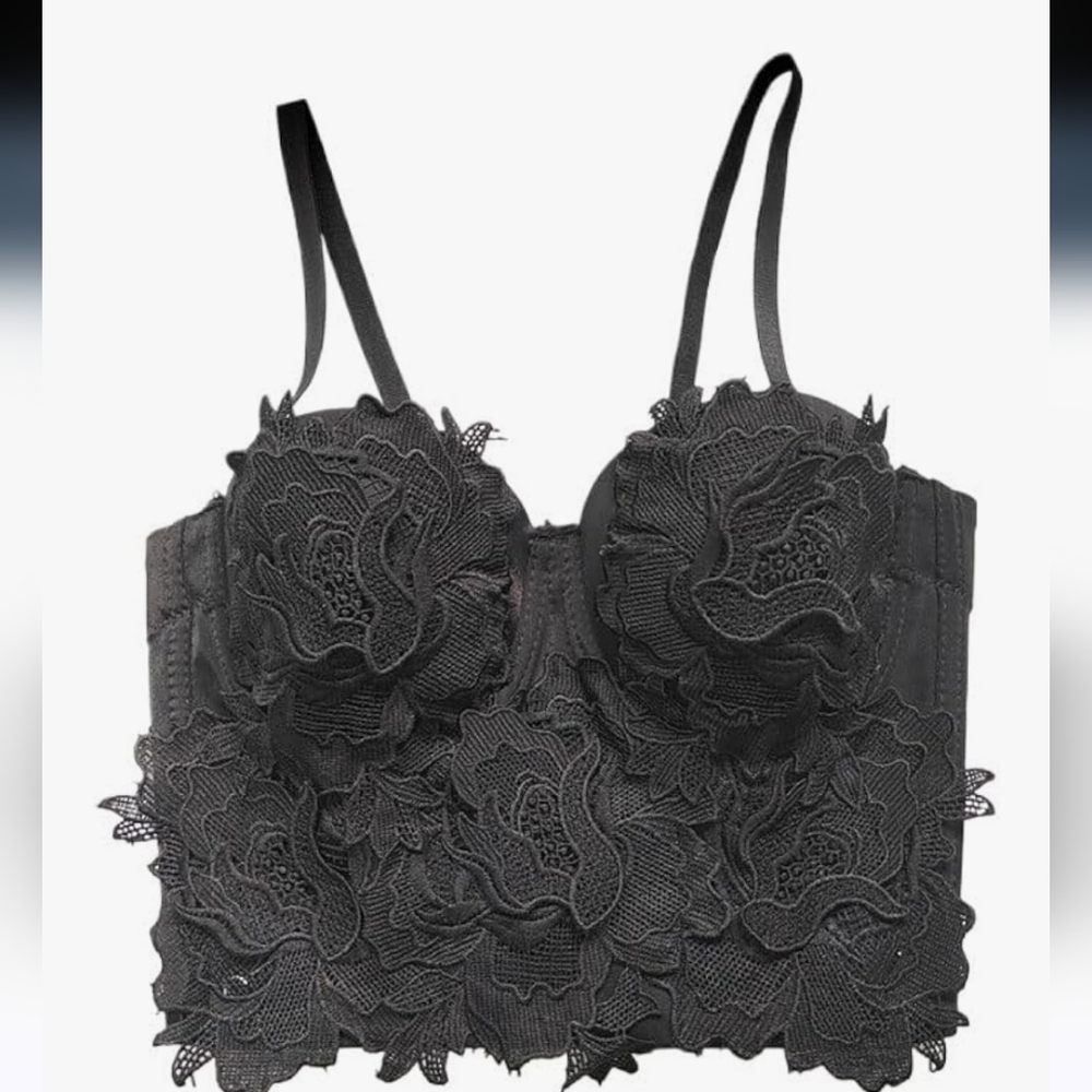 Women's Corset Top Lace Embroidery Bra Top Underwire Strapless Large Black